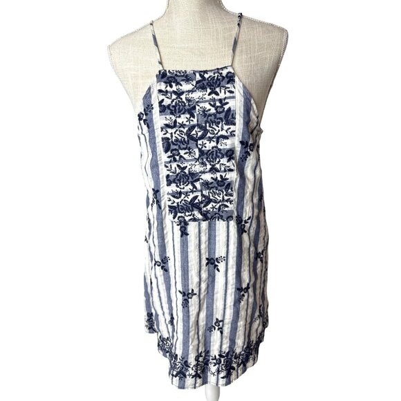 Miami Womens Blue & White Striped Embroidered Sundress Size L - Picture 1 of 9